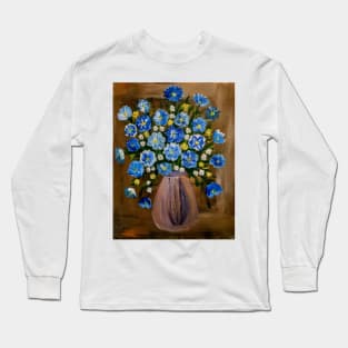 Some blue corn flowers and white and yellow daisy's flowers in a metallic vase Long Sleeve T-Shirt